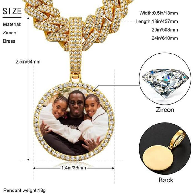 18K Gold Plated 12mm Cuban Chain Photo Medallion Necklace - Unique Executive Gifts